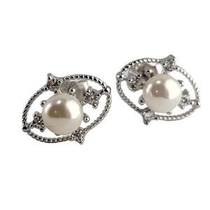 Elegant 1cm Sterling Silver Simulated Pearl & CZ Halo Stud Earrings